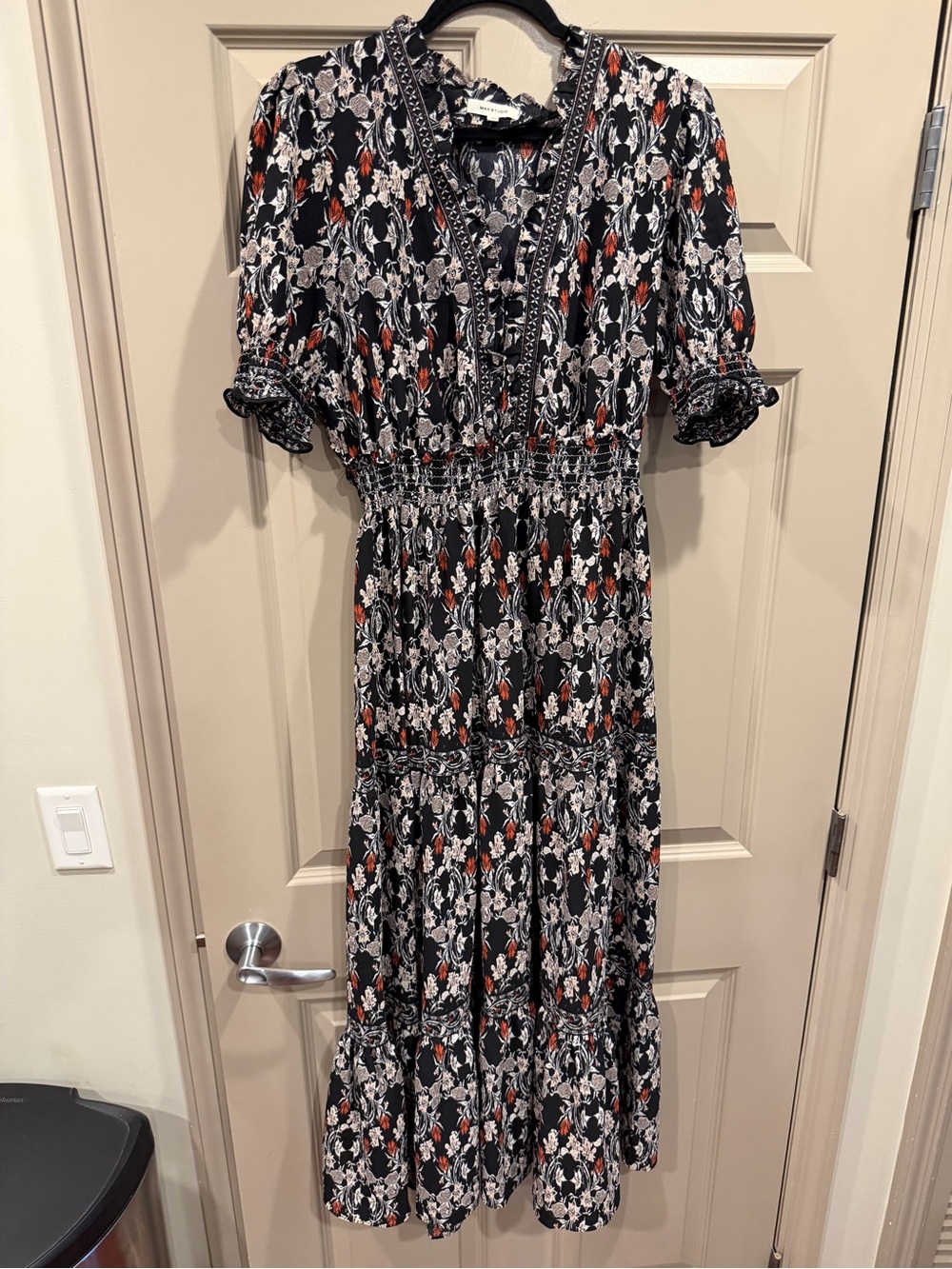 Max Studio Floral V-Neck Smocked Waist Midi Dress - Black with Ivory & Rust